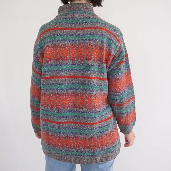 Vintage '90S Lizwear Grey Knit w Red Green Cotton Blend Mockneck Sweater M - Picture 3 of 11